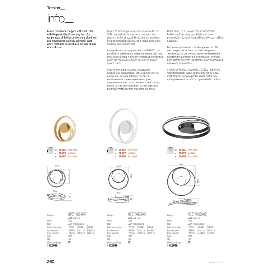 Redo 01-4357 - Hämardatav LED-laelamp TORSION LED/40W/230V, 2700/3000/4000K, CRI 90, Ø 56 cm, valge