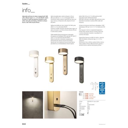 Redo 01-4643 - SADES seinavalgusti LED/6W/230V CRI 90 USB must