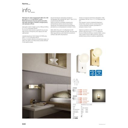 Redo 01-4657 - NORMA LED-seinavalgusti 5W/230V CRI 90 USB, valge/kuldne