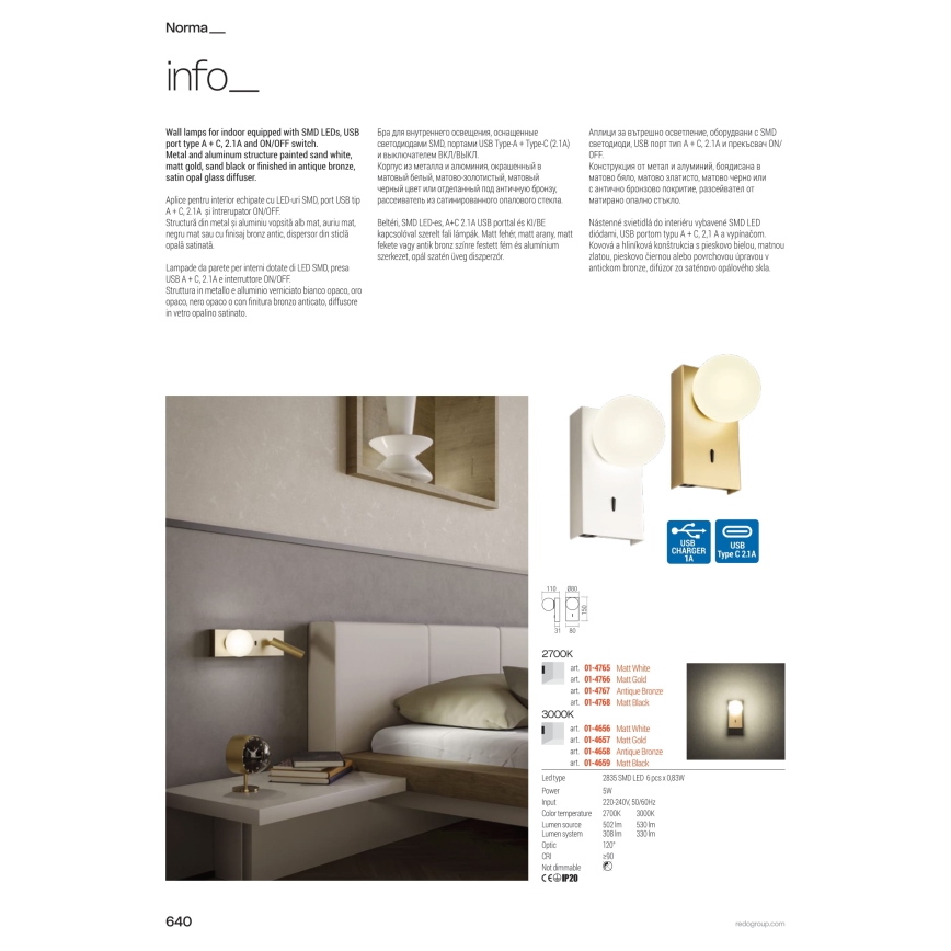 Redo 01-4657 - NORMA LED-seinavalgusti 5W/230V CRI 90 USB, valge/kuldne