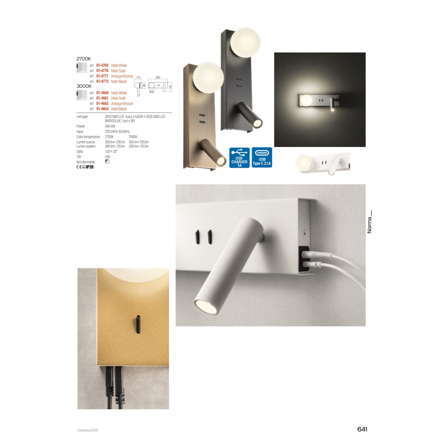 Redo 01-4661 - LED-seinavalgusti NORMA LED/5W/230V + LED/3W CRI 90 USB valge/kuldne