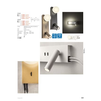 Redo 01-4662 - LED seinavalgusti NORMA LED/5W/230V + LED/3W CRI 90 USB valge/pronksine
