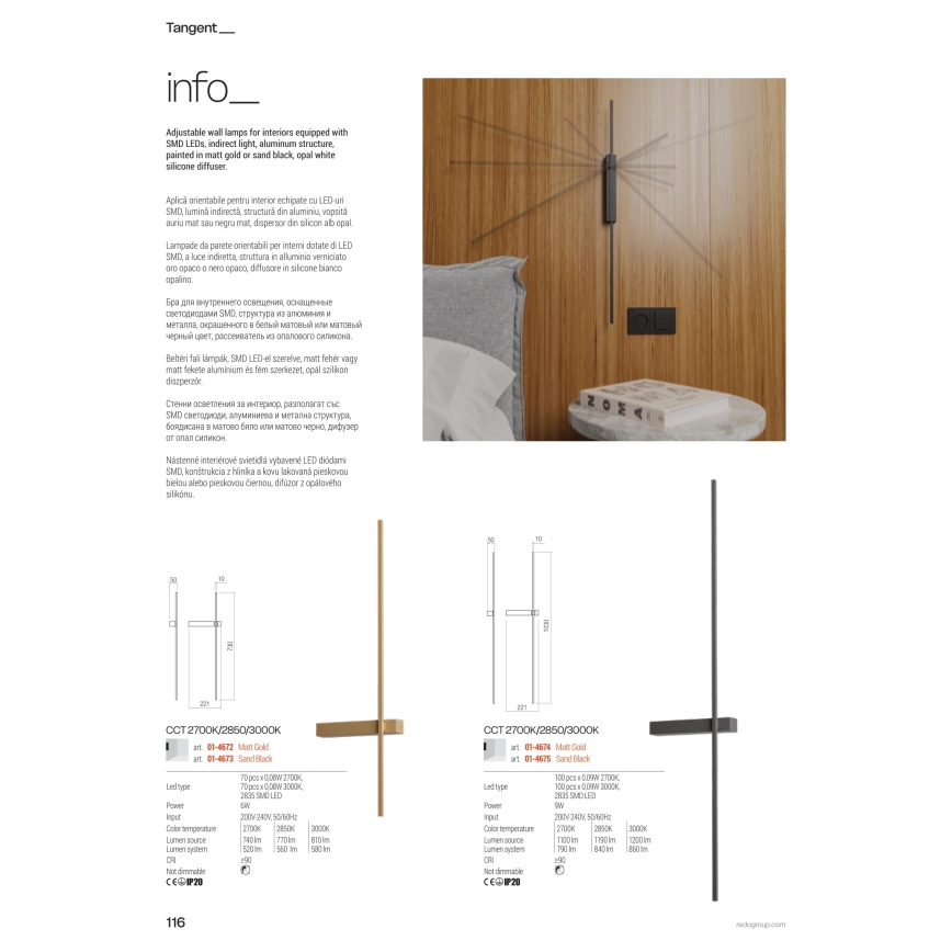 Redo 01-4673 - LED seinavalgusti TANGENT LED/6W/230V 2700/2850/3000K 73 cm CRI 90 must