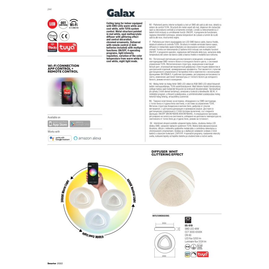 Redo 05-919 - GALAX LED hämardatav laelamp, 48 W / 230 V, 3000–6500 K, Wi‑Fi (Tuya), läbimõõt 48 cm, valge + kaugjuhtimispult