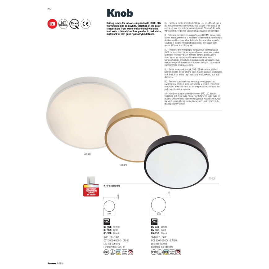 Redo 05-930 - LED Laevalgusti KNOB LED/24W/230V 3000K-6500K 30 cm must