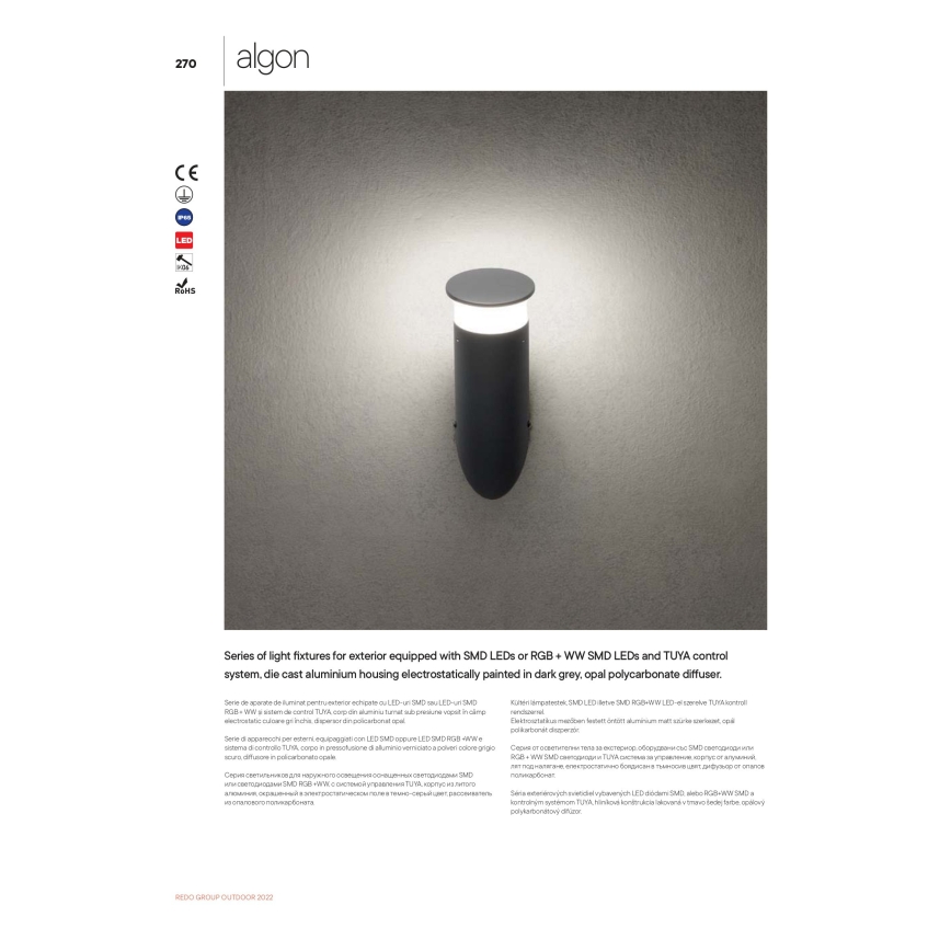 Redo 90073 - LED RGBW Välisseinale paigaldatav seinavalgusti ALGON LED/6W/230V Wi-Fi Tuya IP65 antratsiit