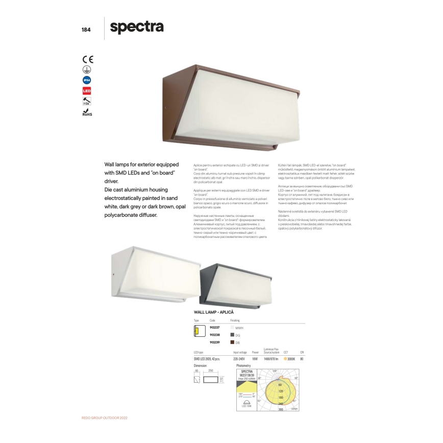 Redo 90238 - LED Väli seinavalgusti SPECTRA LED/16W/230V 3000K IP54 hall