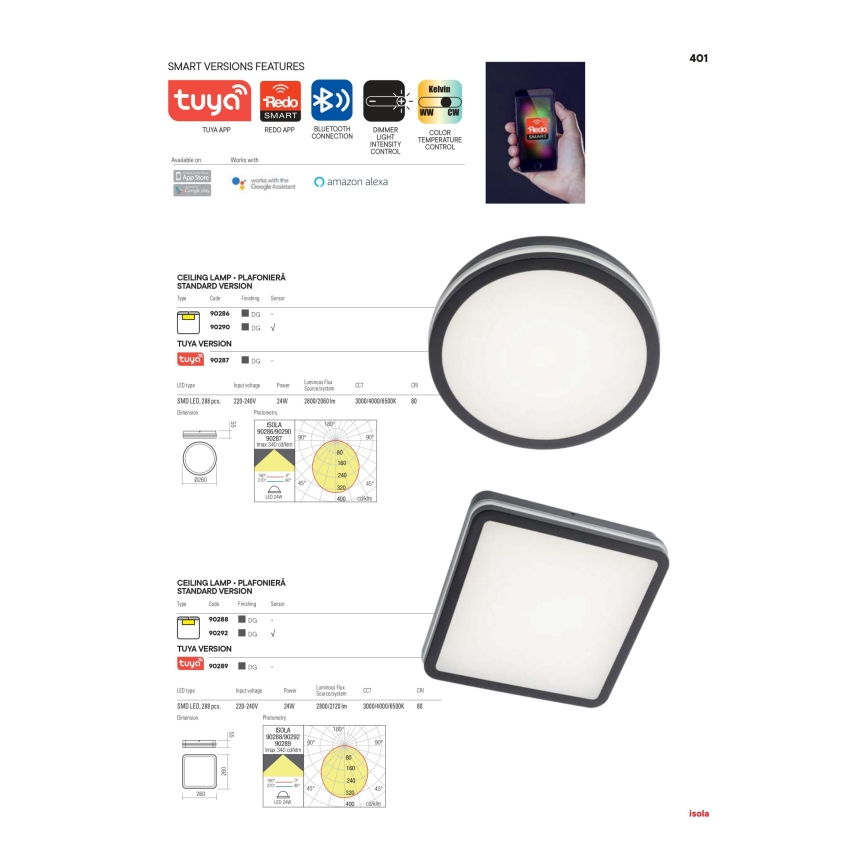 Redo 90286 - LEd Väli laevalgusti ISOLA LED/24W/230V d. 26 cm 3000/4000/6500K IP54 antratsiit