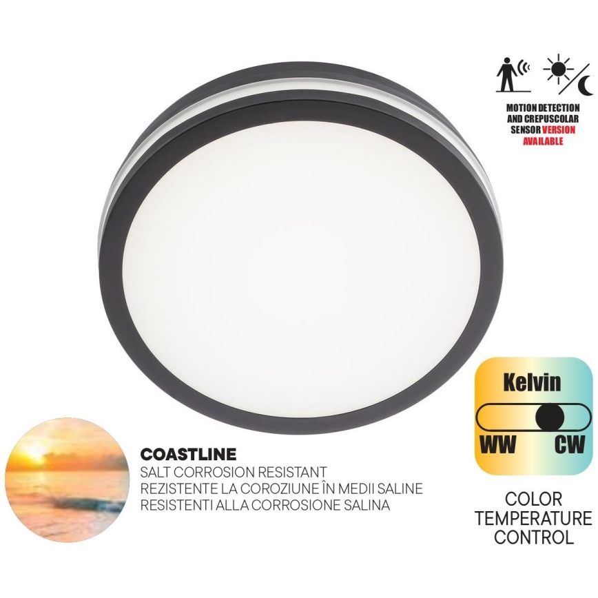 Redo 90290 - LEd Väli laevalgusti anduriga ISOLA LED/24W/230V d. 26 cm 3000/4000/6500K IP54 antratsiit