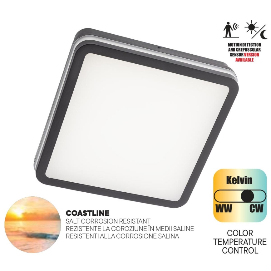 Redo 90292 - LEd Väli laevalgusti anduriga ISOLA LED/24W/230V 26x26 cm 3000/4000/6500K IP54 antratsiit