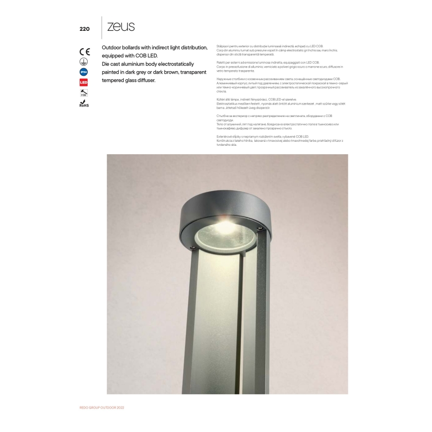 Redo 90366 - ZEUS LED välisvalgusti, 11,5 W, 230 V, 3000 K, 75 cm, IP54, pruun