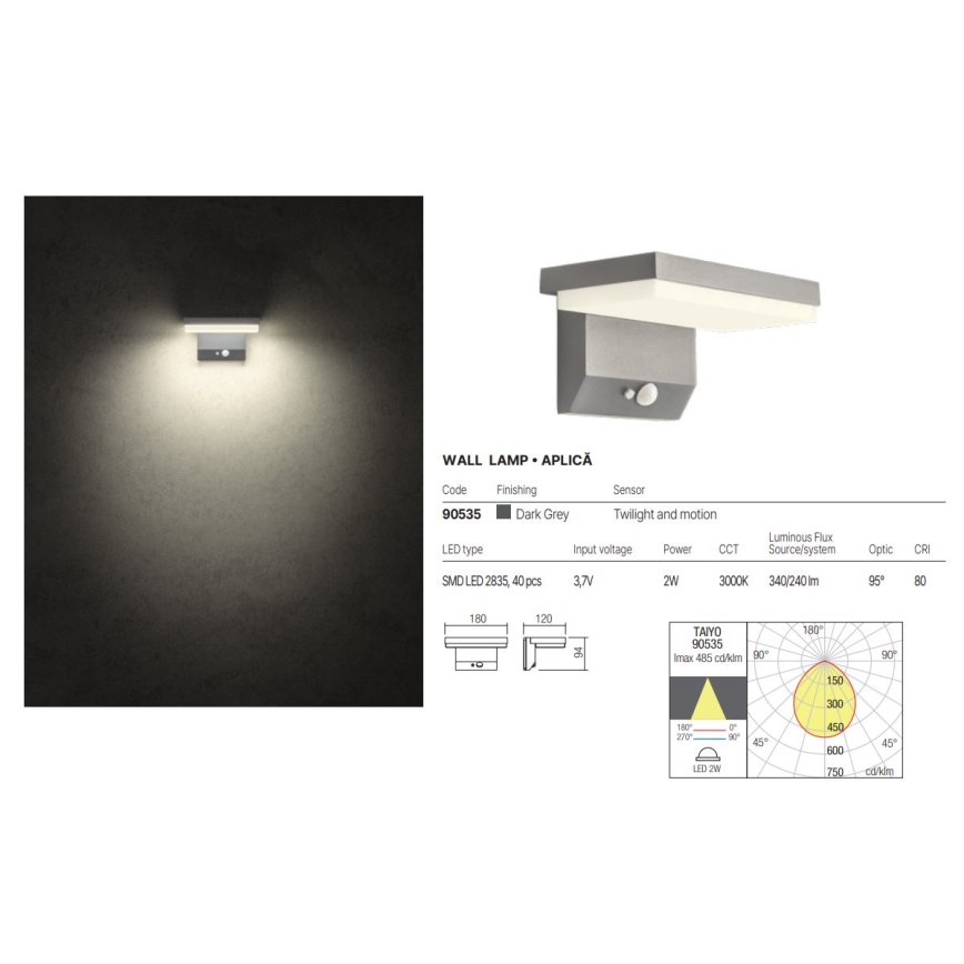 Redo 90535 - LED Päikesepaneeliga seinavalgusti koos anduriga TAIYO LED/2W/3,7V 3000K 2200 mAh IP54 antratsiit