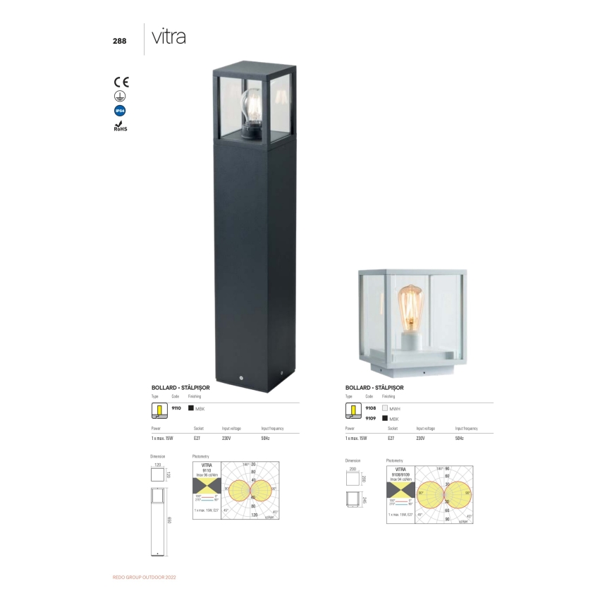 Redo 9109 - Välisvalgusti VITRA 1xE27/15W/230V IP54 must