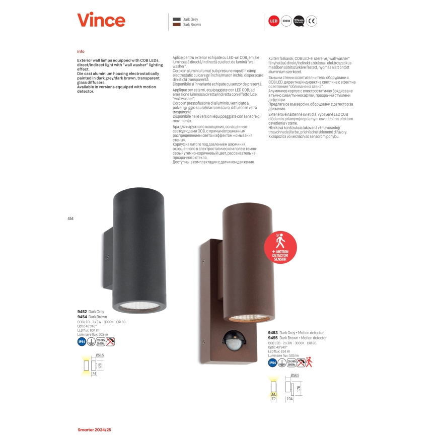 Redo 9453 - LED välisseinavalgusti anduriga VINCE 2xLED/3W/230V IP54 antratsiit