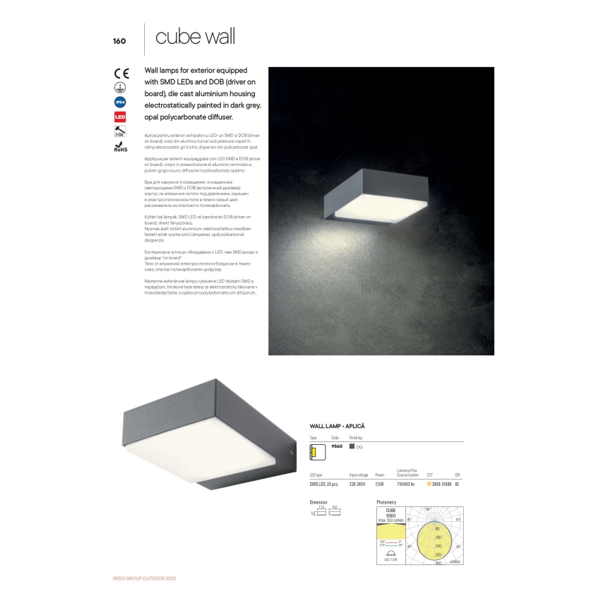 Redo 9560 - LED Väli seinavalgusti CUBE LED/7W/230V 3000K IP54 antratsiit
