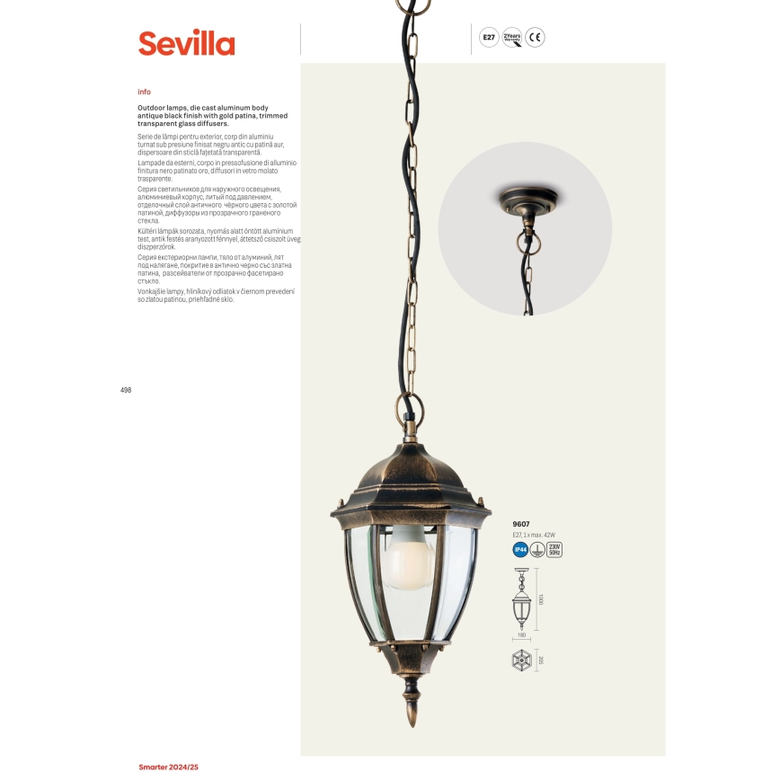 Redo 9604 - Väli seinavalgusti SEVILLA 1xE27/42W/230V IP44 kuldne/paatina