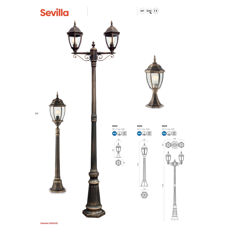 Redo 9609 - Välivalgusti SEVILLA 2xE27/42W/230V IP44 kuldne/paatina