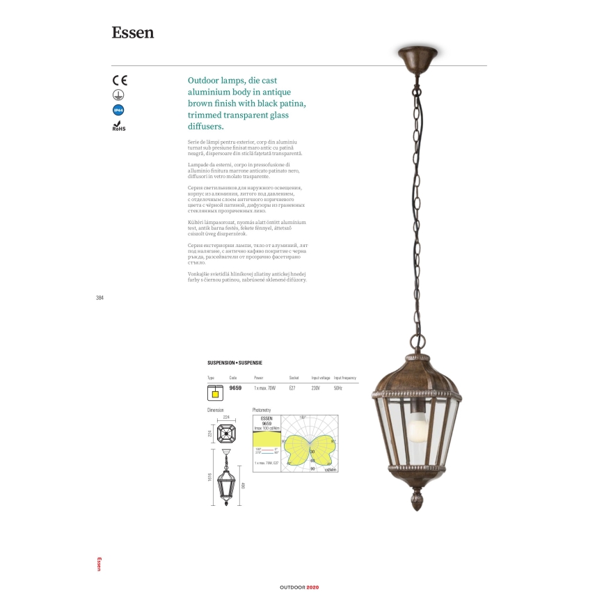 Redo 9662 - Välisvalgusti ESSEN 1xE27/70W/230V 221,5 cm IP44 pruun/patiin
