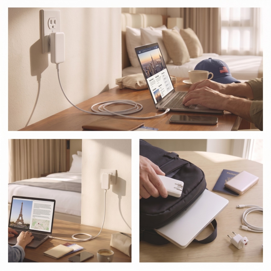 Reisiadapter USB-ühendusega ja vahetatavate pistikutega, GaN, 100–250V