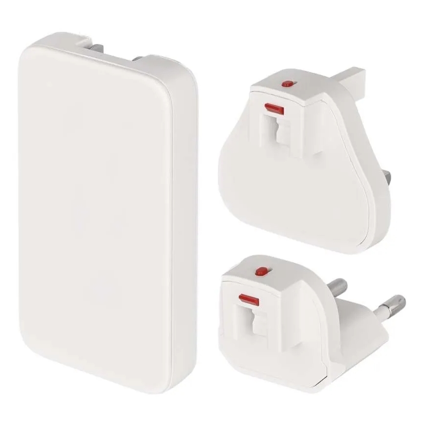 Reisiadapter USB-ühendusega ja vahetatavate pistikutega, GaN, 100–250V