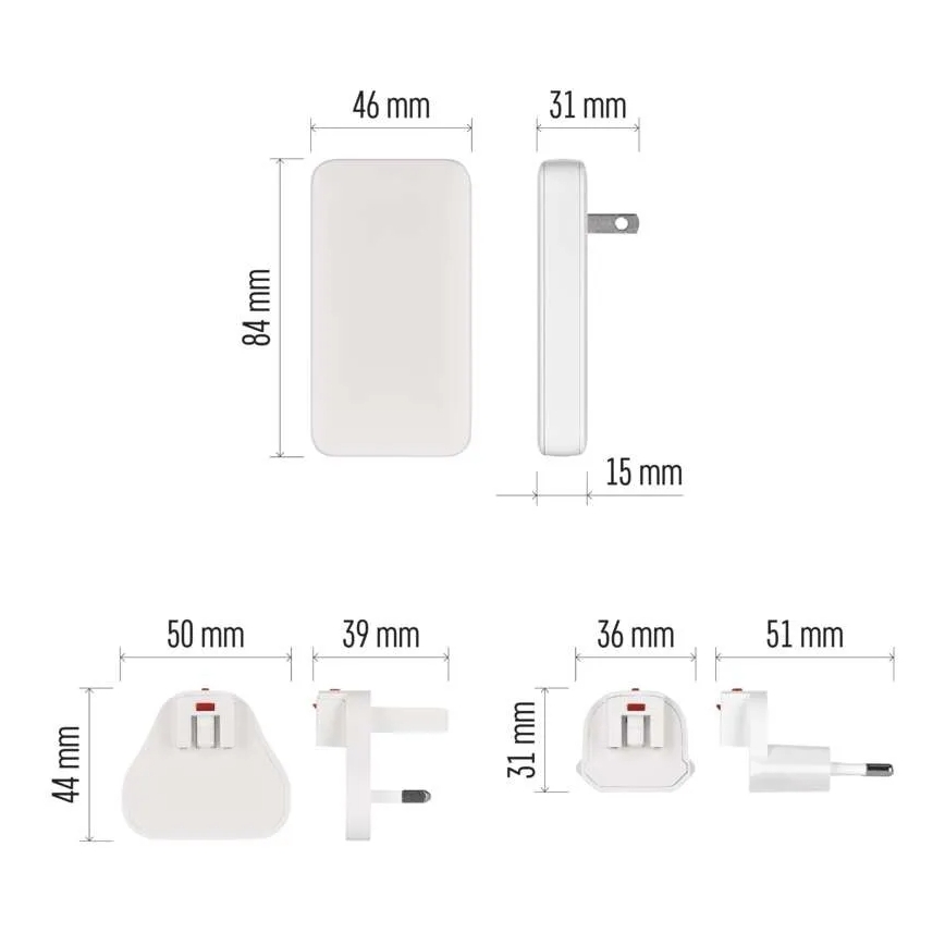 Reisiadapter USB-ühendusega ja vahetatavate pistikutega, GaN, 100–250V