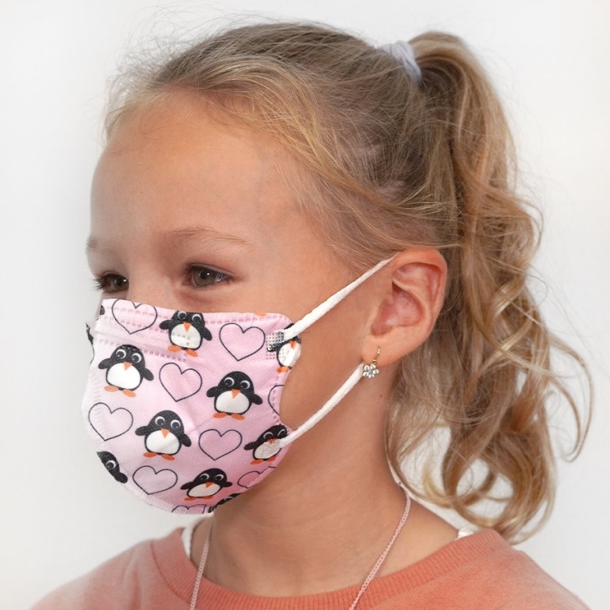 Respiraator - laste suurus FFP2 Kids NR CE 0370 pingviinid, roosa 20 tk