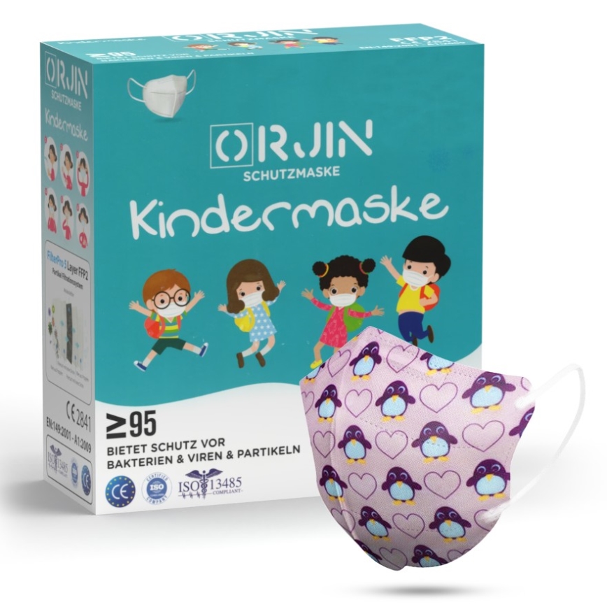 Respiraator - laste suurus FFP2 Kids NR CE 0370 pingviinid, roosa 20 tk