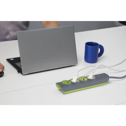 Retlux - 3-pesaline pikendusjuhe lülitiga, E-tüüp + 1× USB-A + 1× USB-C, 1,4 m, hall