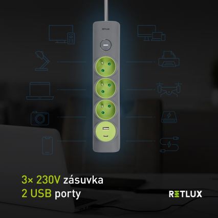 Retlux - 3-pesaline pikendusjuhe lülitiga, E-tüüp + 1× USB-A + 1× USB-C, 1,4 m, hall