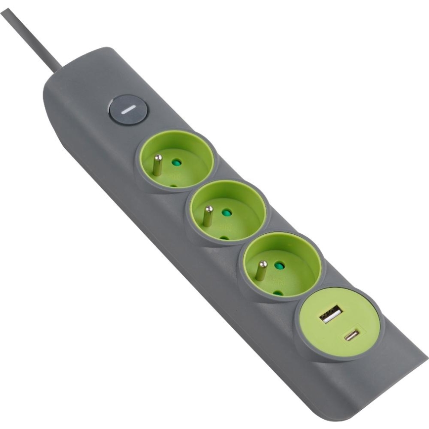 Retlux - 3-pesaline pikendusjuhe lülitiga, E-tüüp + 1× USB-A + 1× USB-C, 1,4 m, hall