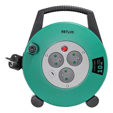 Retlux - 3-pesaline rulliga pikendusjuhe, E-tüüp, 10 m, roheline/must