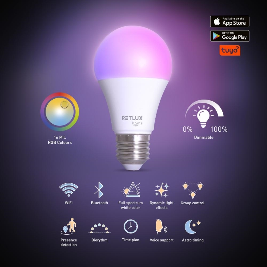 LED RGBW Hämardatav pirn A60 E27/9W/230V 2700-6500K Wi-Fi Tuya