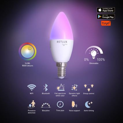 LED RGBW Hämardatav pirn C37 E14/4,5W/230V 2700-6500K Wi-Fi Tuya