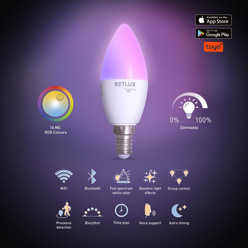 LED RGBW Hämardatav pirn C37 E14/4,5W/230V 2700-6500K Wi-Fi Tuya