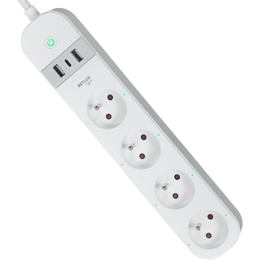 Nutikas pikendus kaabel lülitiga 4Z Tüüp E + 2x USB-A + 1x USB-C 1,5m Wi-Fi Tuya valge