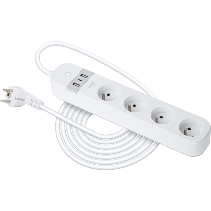 Nutikas pikendus kaabel lülitiga 4Z Tüüp E + 2x USB-A + 1x USB-C 1,5m Wi-Fi Tuya valge