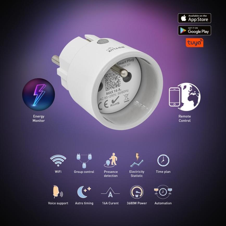 Nutikas pistikupesa 3680W/230V/Tüüp E/16A Wi-Fi Tuya