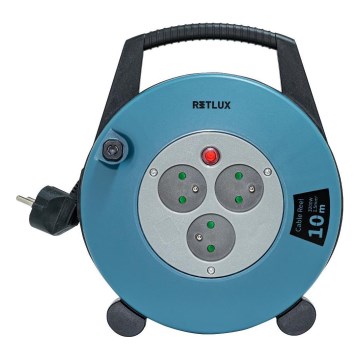 Retlux - rulliga 3-pesaline pikendusjuhe, tüüp E, 10 m, sinine/must