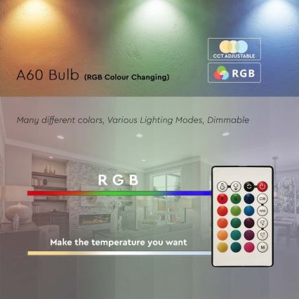RGB LED Hämardatav pirn A60 E27/8,5W/230V 4000K + kaugjuhtimispult
