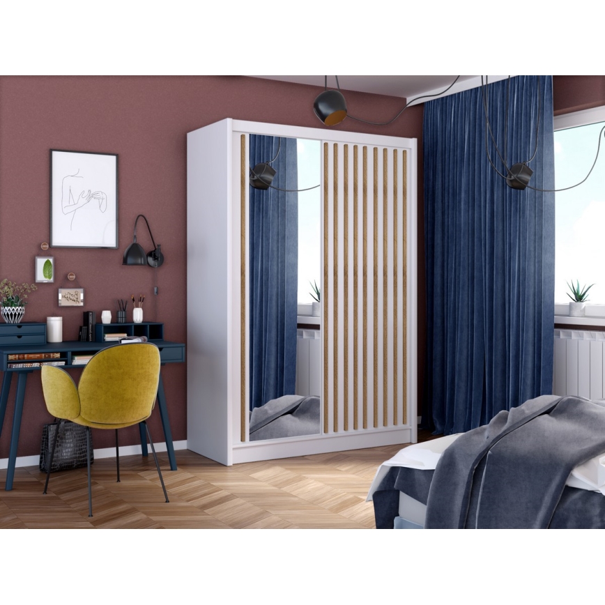 Riidekapp peegliga SANTINO 150x215 cm valge/tamm craft