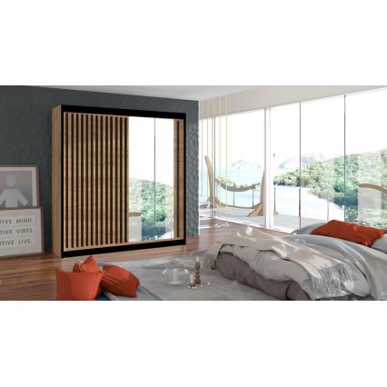 Riidekapp peegliga SANTINO 203x215 cm craft-tamm/must