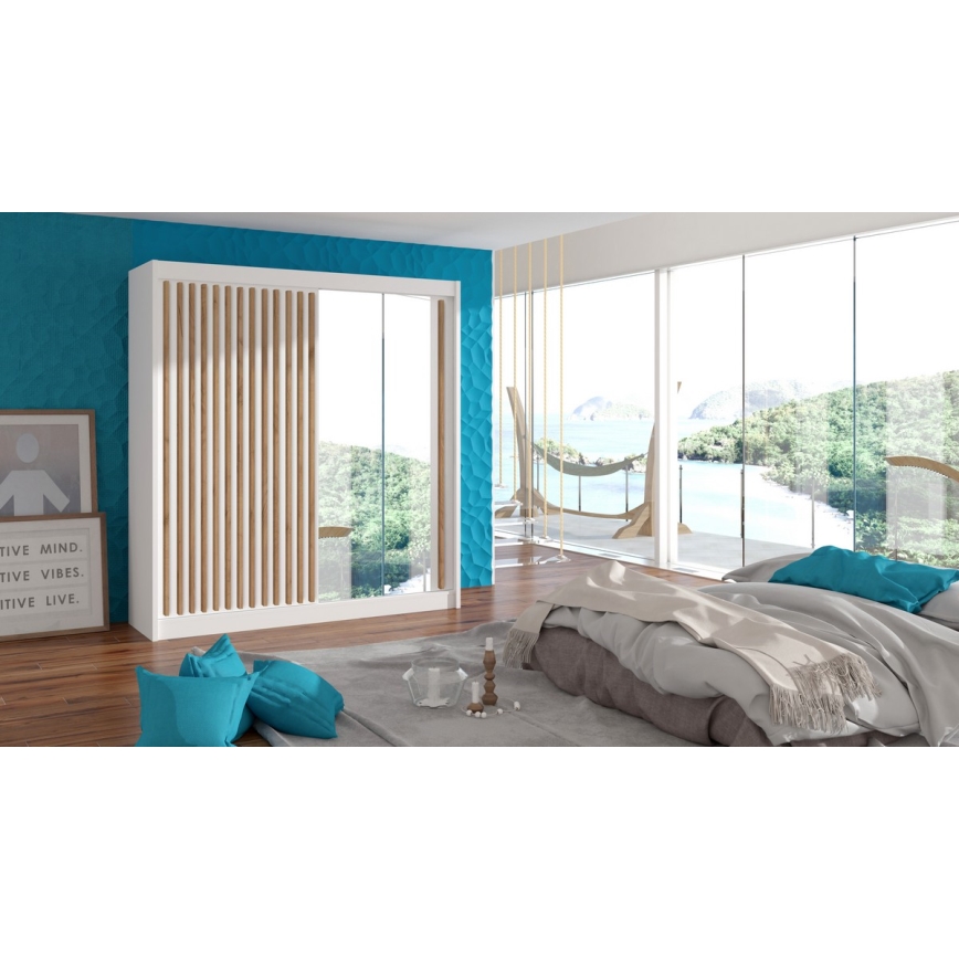 Riidekapp peegliga SANTINO 203x215 cm valge/tamm craft