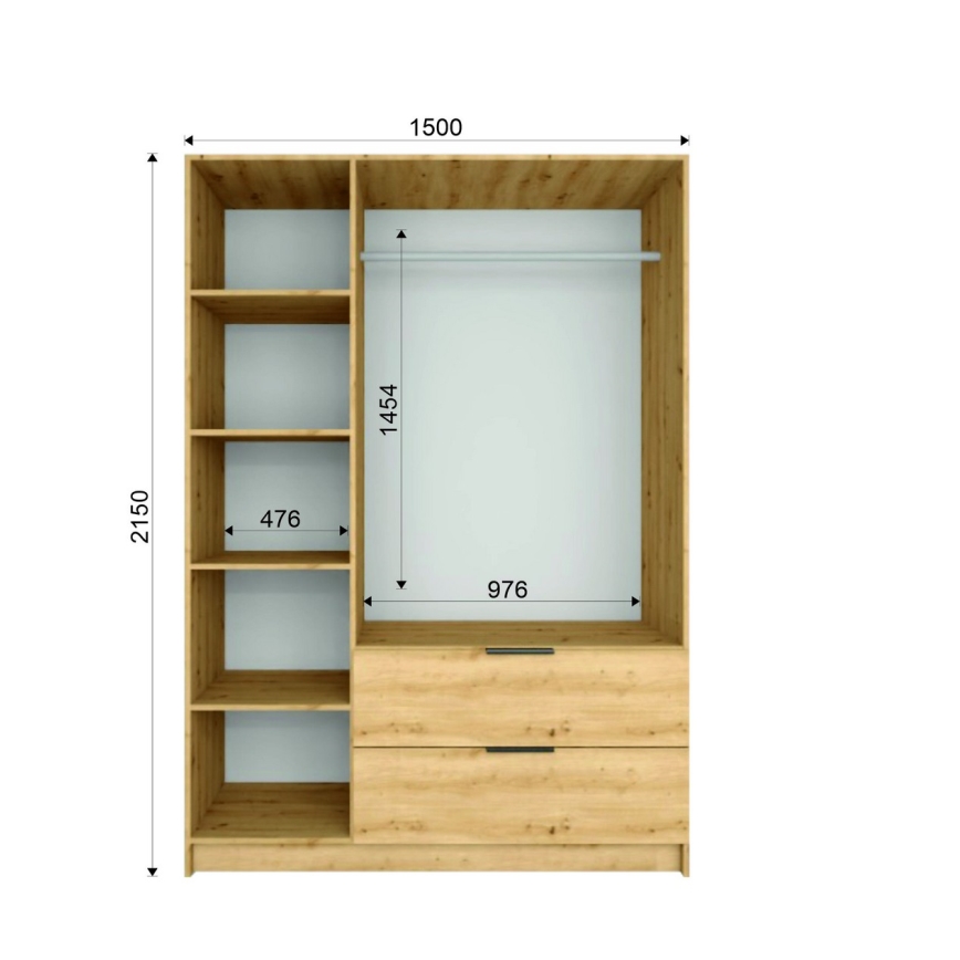 Riidekapp peegliga VISTA 150x215 cm tamm artisan/grafiit