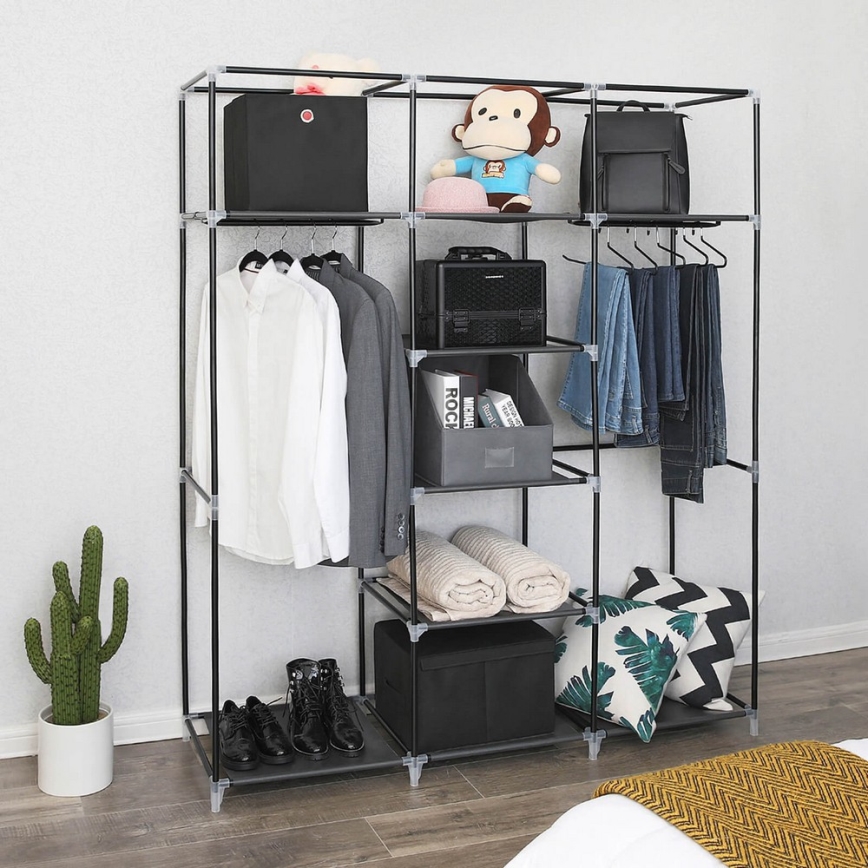 Riidest hoiukapp MATIS 150x175 cm, riiulite ja riidepulgaga, must