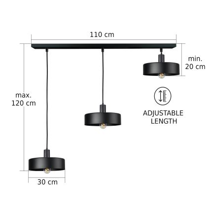 Ripplamp ARCANE kaabliga, 3×E27, 3×60W, 230V, must