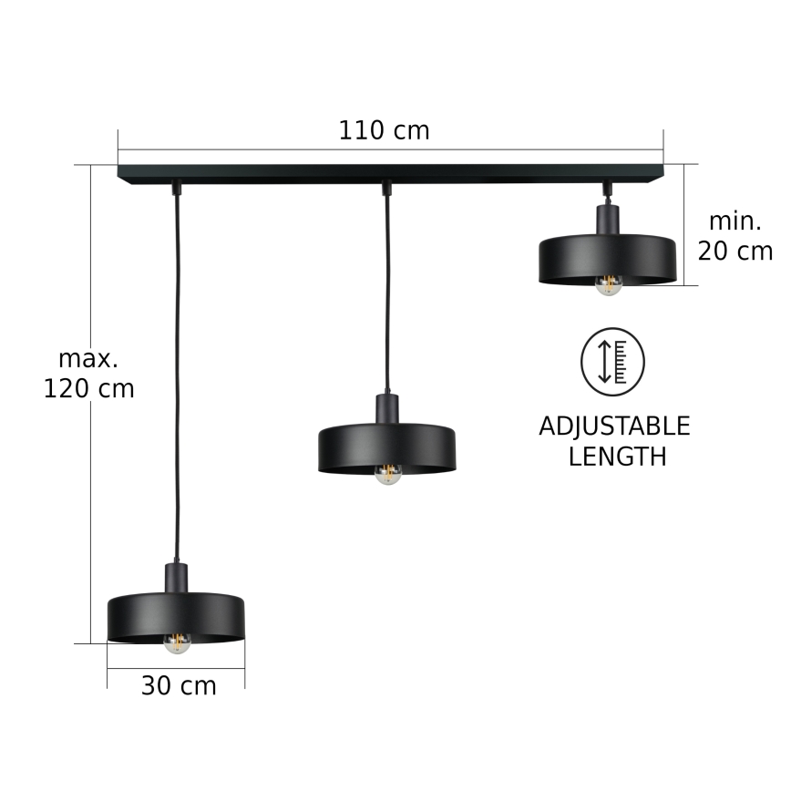 Ripplamp ARCANE kaabliga, 3×E27, 3×60W, 230V, must