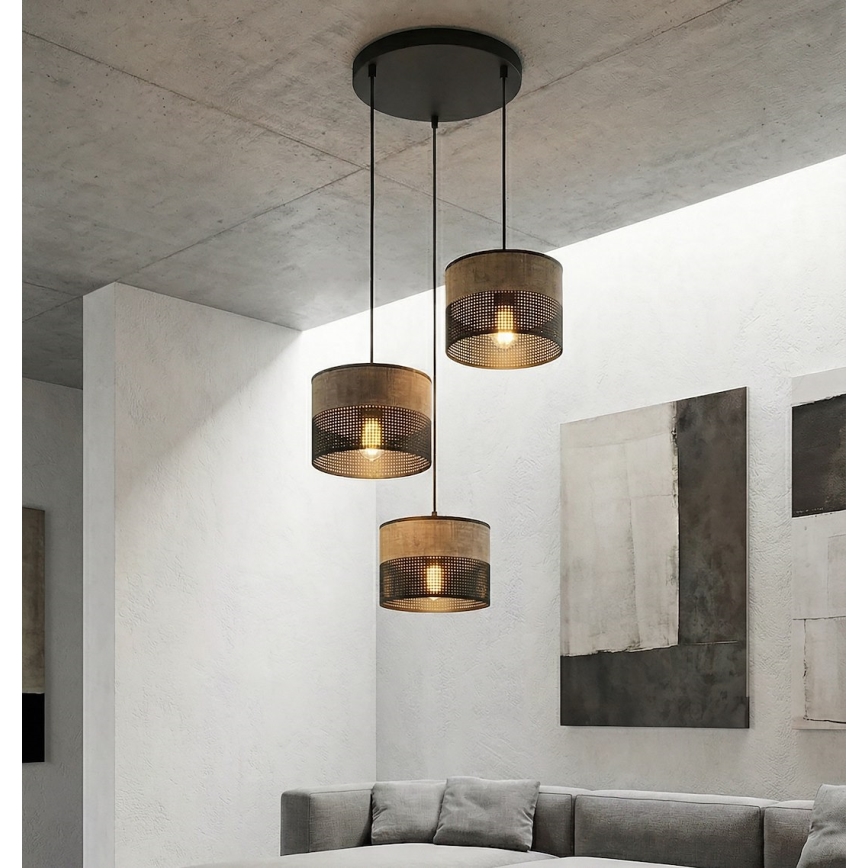 Ripplamp juhtmega KARBON 3xE27/15W/230V must/pruun