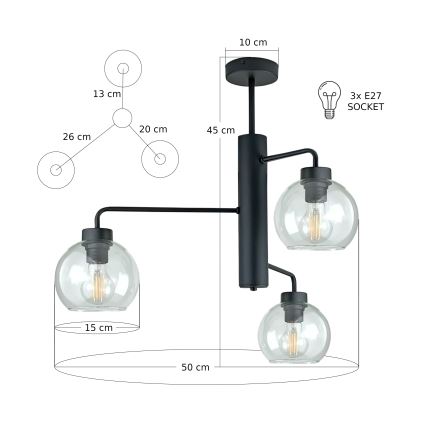 Ripplühter FLEX 3xE27/60W/230V must/läbipaistev