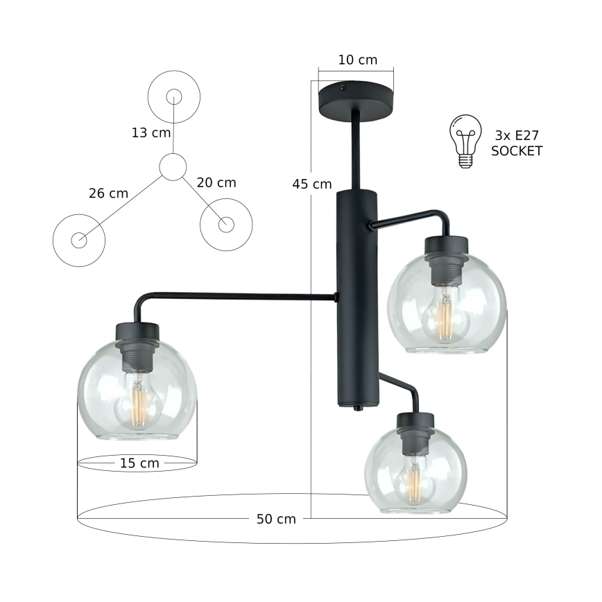 Ripplühter FLEX 3xE27/60W/230V must/läbipaistev