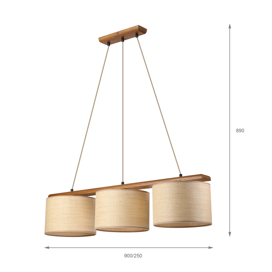 Ripplühter juhtmega AIDA 3xE27/15W/230V, läbimõõt 25 cm, tamm/raffia